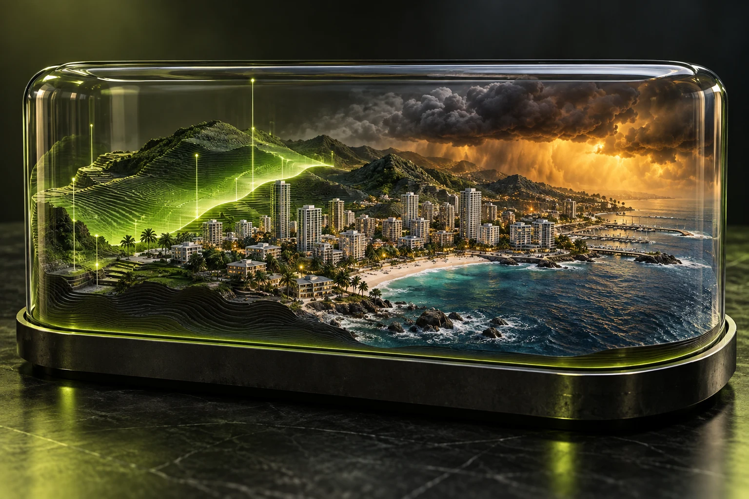 Coastal city model illustrating dynamic insurance risk
